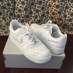 White Air Force 1 sneakers- bridal pearl swoosh beading -great condition worn 1x